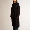 Cappotto cocoon monopetto da donna in lana blu scuro con bottoni dorati