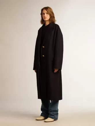 Cappotto cocoon monopetto da donna in lana blu scuro con bottoni dorati