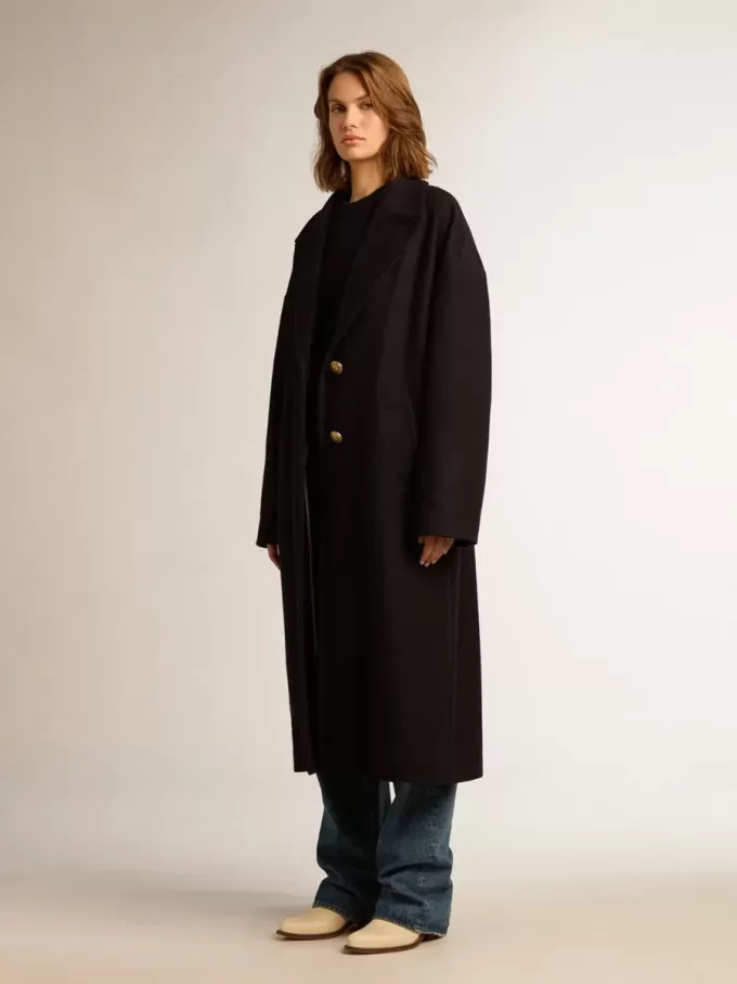 Cappotto cocoon monopetto da donna in lana blu scuro con bottoni dorati