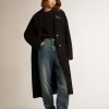 Cappotto cocoon monopetto da donna in lana blu scuro con bottoni dorati