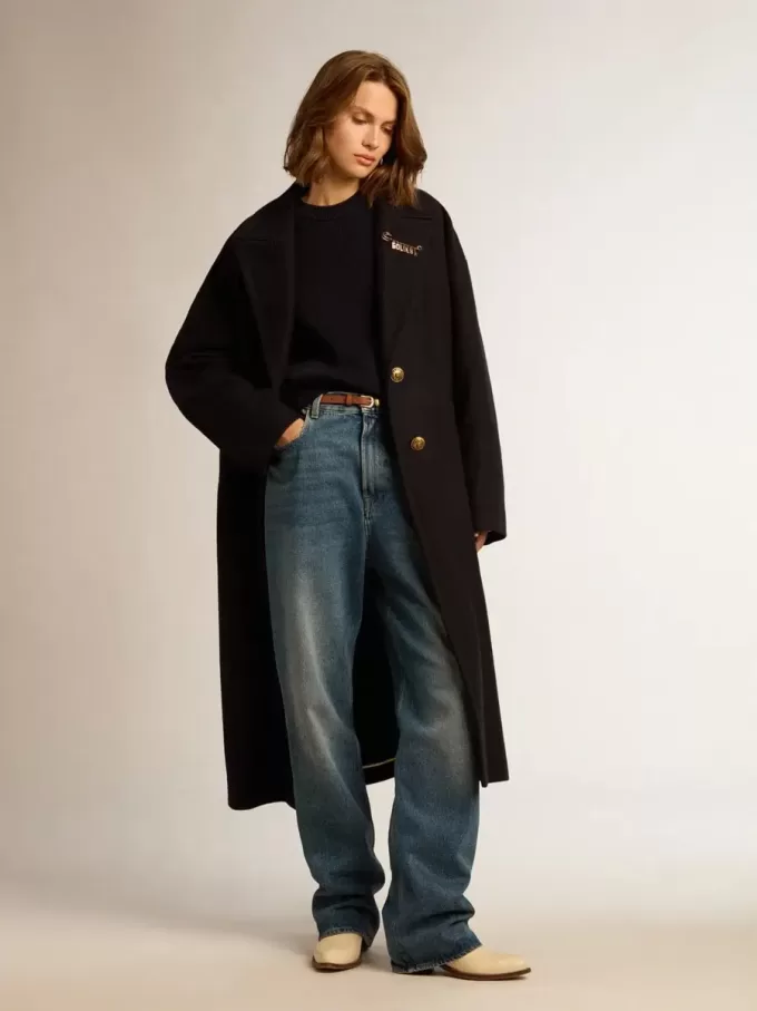 Cappotto cocoon monopetto da donna in lana blu scuro con bottoni dorati