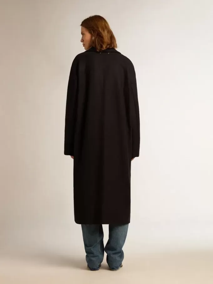Cappotto cocoon monopetto da donna in lana blu scuro con bottoni dorati