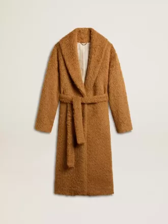 Cappotto da donna con collo a scialle color tabacco
