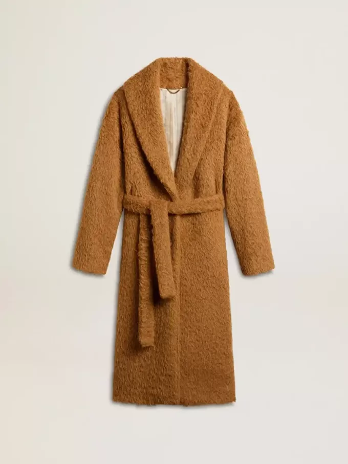 Cappotto da donna con collo a scialle color tabacco Cappotto da donna con collo a scialle color tabacco