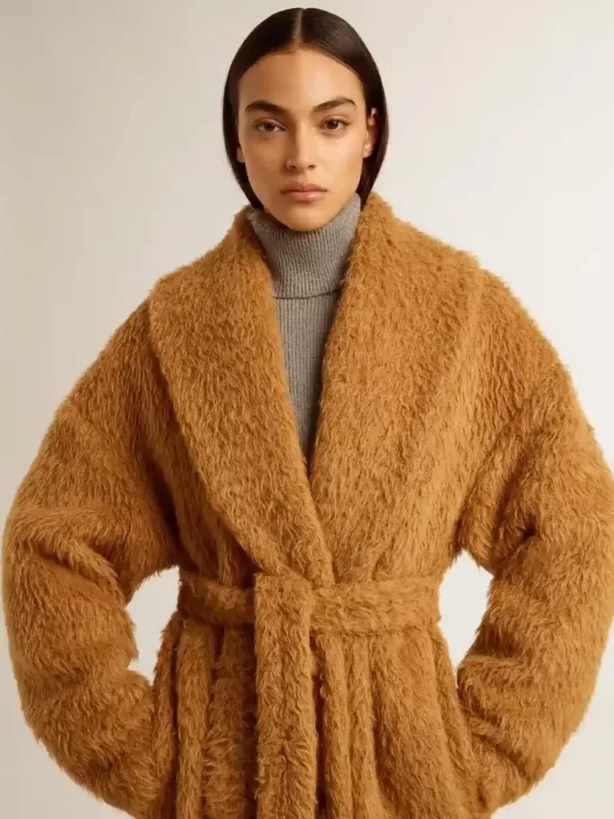 Cappotto da donna con collo a scialle color tabacco Cappotto da donna con collo a scialle color tabacco