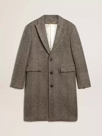 Cappotto da uomo monopetto in lana con trama a spina di pesce beige e grigia