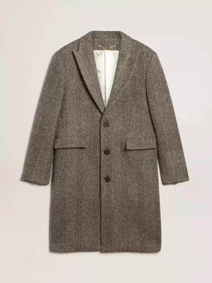 Cappotto da uomo monopetto in lana con trama a spina di pesce beige e grigia Cappotto da uomo monopetto in lana con trama a spina di pesce beige e grigia