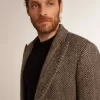 Cappotto da uomo monopetto in lana con trama a spina di pesce beige e grigia Cappotto da uomo monopetto in lana con trama a spina di pesce beige e grigia