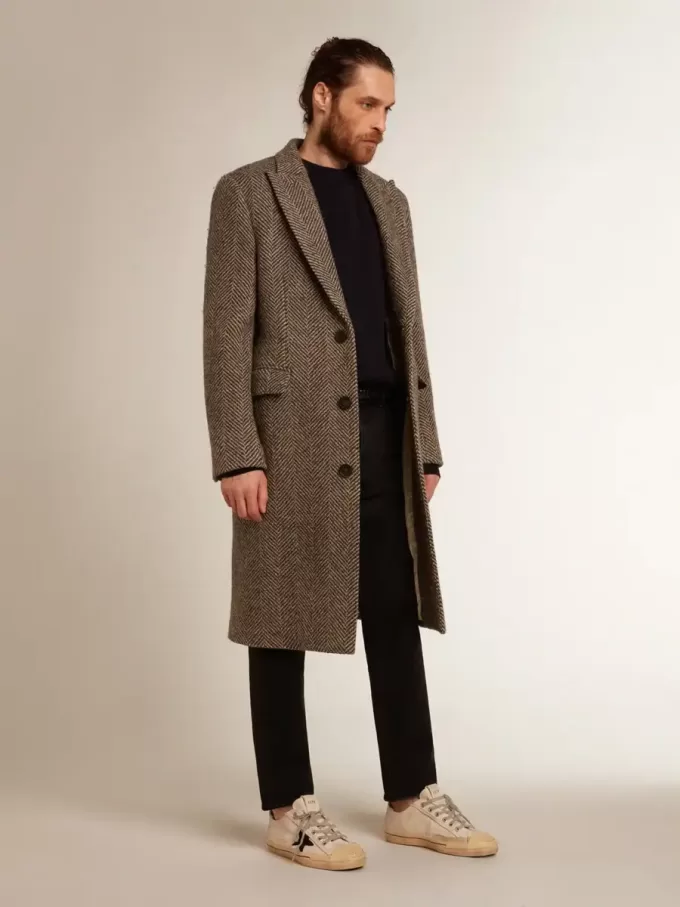 Cappotto da uomo monopetto in lana con trama a spina di pesce beige e grigia Cappotto da uomo monopetto in lana con trama a spina di pesce beige e grigia