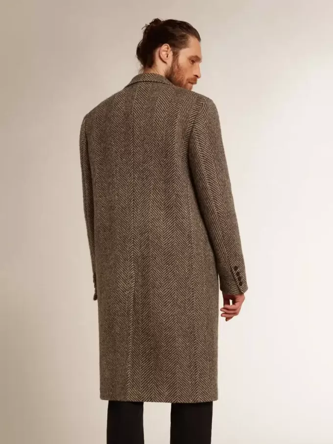 Cappotto da uomo monopetto in lana con trama a spina di pesce beige e grigia Cappotto da uomo monopetto in lana con trama a spina di pesce beige e grigia