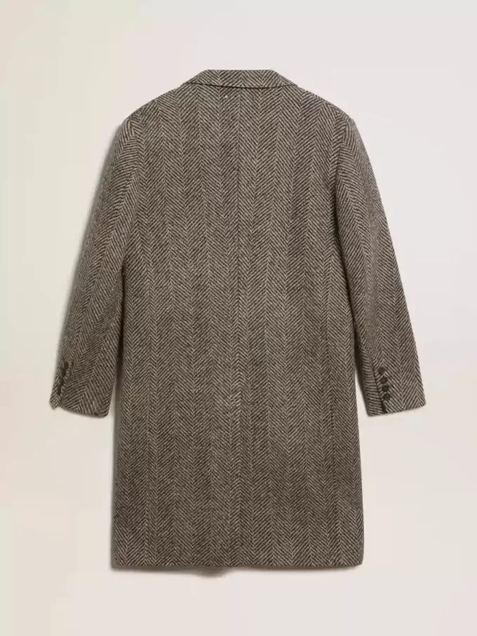 Cappotto da uomo monopetto in lana con trama a spina di pesce beige e grigia Cappotto da uomo monopetto in lana con trama a spina di pesce beige e grigia