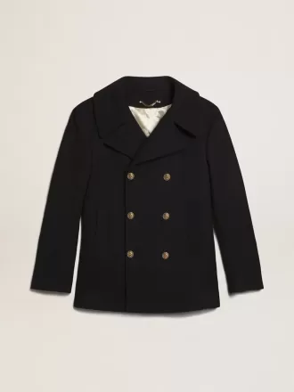Cappotto doppiopetto da uomo in lana blu scuro con bottoni dorati Cappotto doppiopetto da uomo in lana blu scuro con bottoni dorati