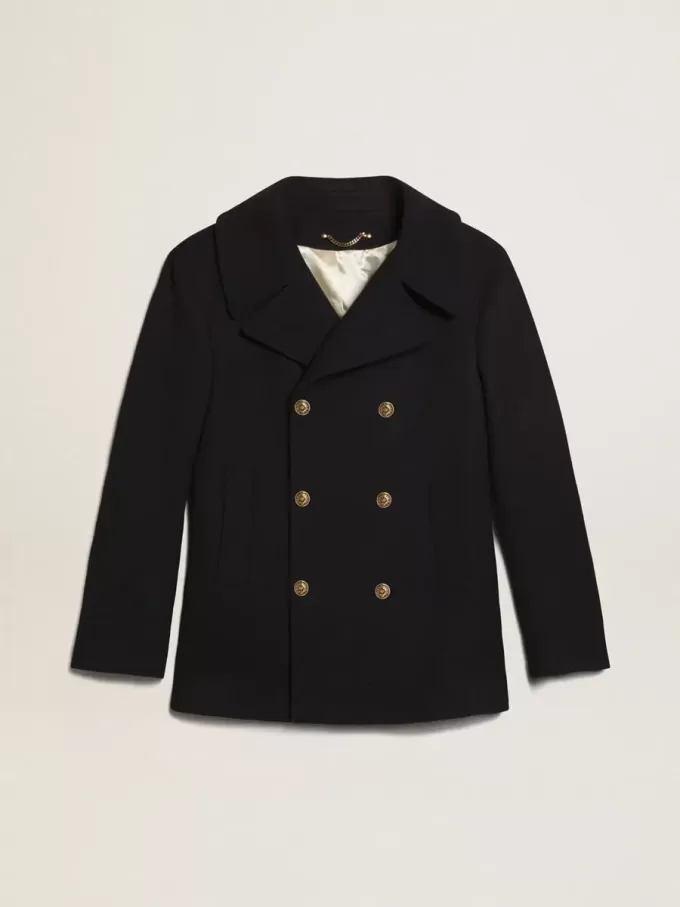 Cappotto doppiopetto da uomo in lana blu scuro con bottoni dorati Cappotto doppiopetto da uomo in lana blu scuro con bottoni dorati