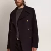 Cappotto doppiopetto da uomo in lana blu scuro con bottoni dorati Cappotto doppiopetto da uomo in lana blu scuro con bottoni dorati
