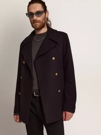 Cappotto doppiopetto da uomo in lana blu scuro con bottoni dorati Cappotto doppiopetto da uomo in lana blu scuro con bottoni dorati