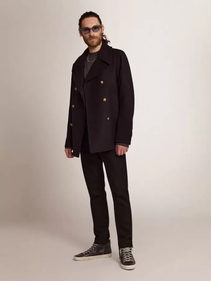 Cappotto doppiopetto da uomo in lana blu scuro con bottoni dorati Cappotto doppiopetto da uomo in lana blu scuro con bottoni dorati