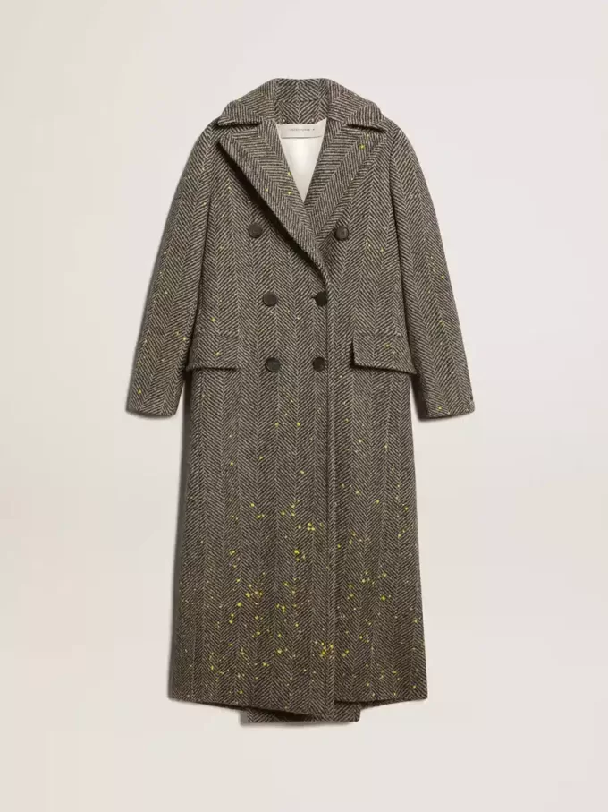 Cappotto lungo da donna con motivo a spina di pesce e dettagli gialli Cappotto lungo da donna con motivo a spina di pesce e dettagli gialli