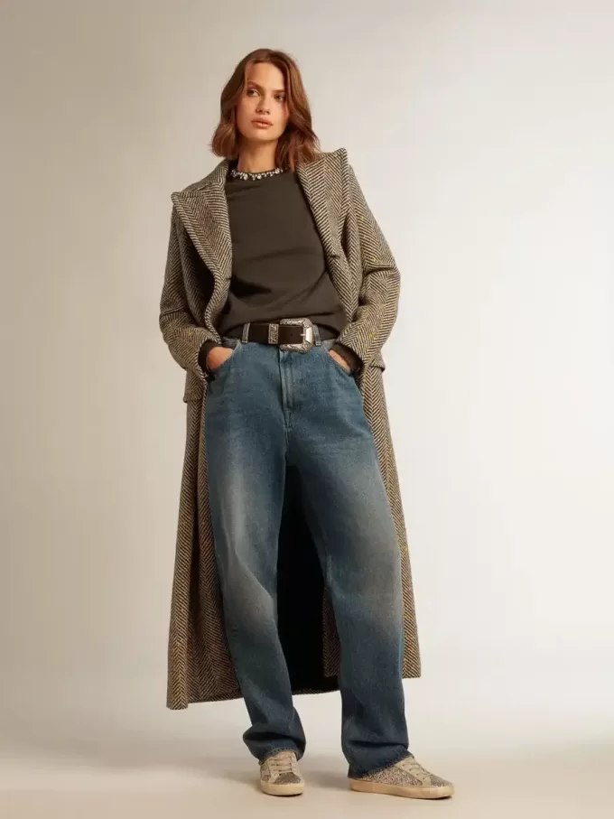 Cappotto lungo da donna con motivo a spina di pesce e dettagli gialli Cappotto lungo da donna con motivo a spina di pesce e dettagli gialli
