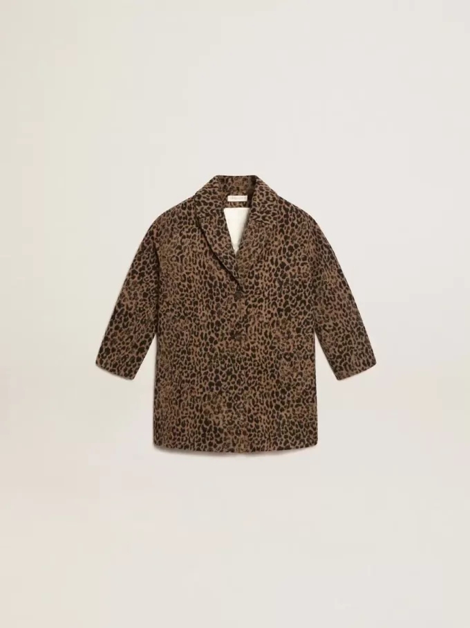 Cappotto monopetto da bambina in lana con stampa animalier jacquard