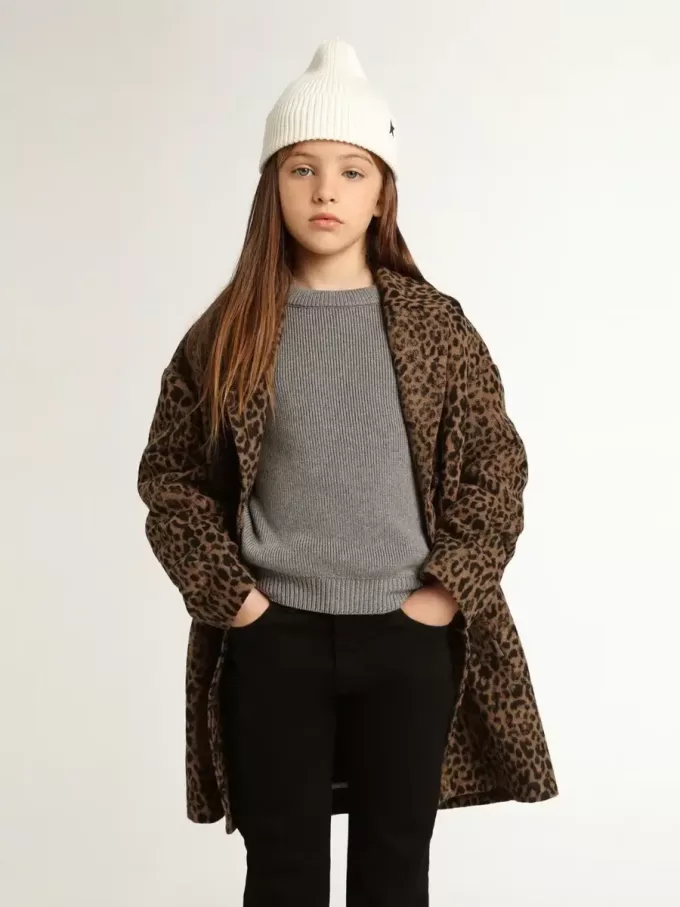 Cappotto monopetto da bambina in lana con stampa animalier jacquard