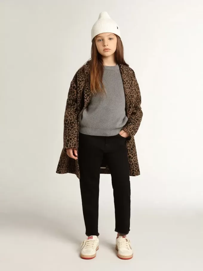 Cappotto monopetto da bambina in lana con stampa animalier jacquard