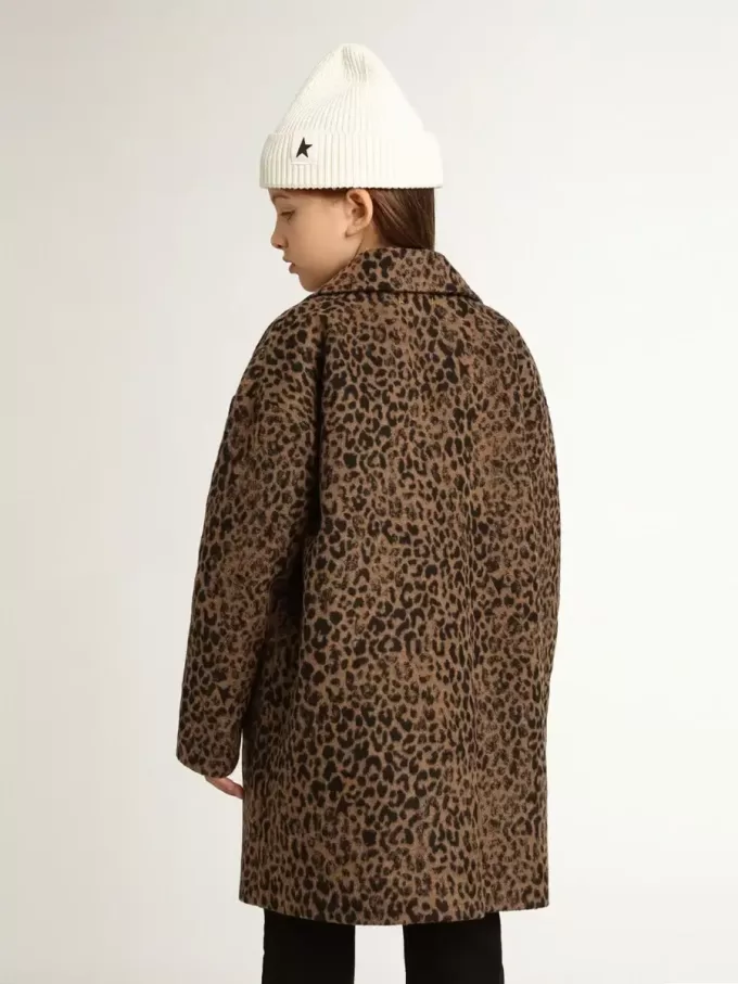 Cappotto monopetto da bambina in lana con stampa animalier jacquard