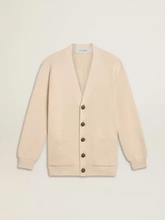 Cardigan da donna beige con scritta “Golden” sul retro