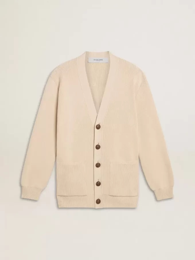 Cardigan da donna beige con scritta “Golden” sul retro