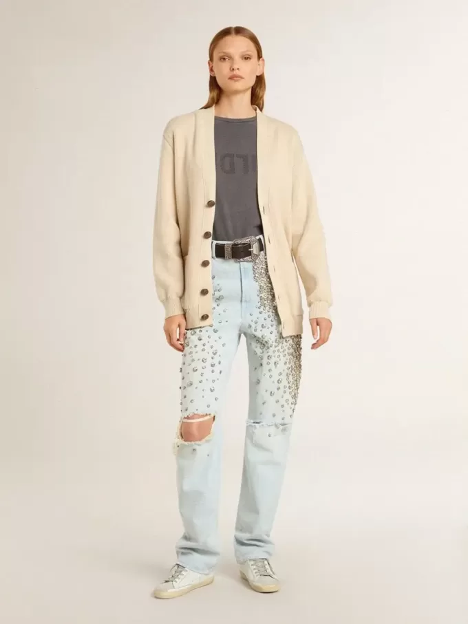 Cardigan da donna beige con scritta “Golden” sul retro