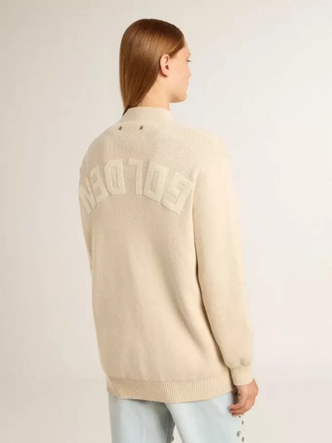 Cardigan da donna beige con scritta “Golden” sul retro