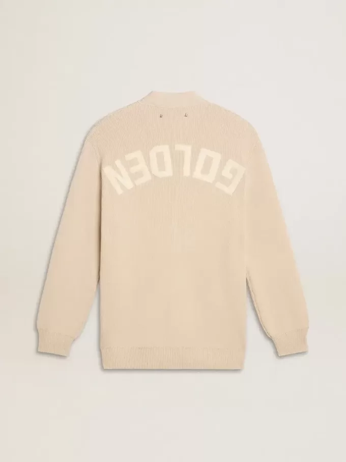 Cardigan da donna beige con scritta “Golden” sul retro