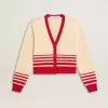 Cardigan da donna color crema con strisce rosse Cardigan da donna color crema con strisce rosse