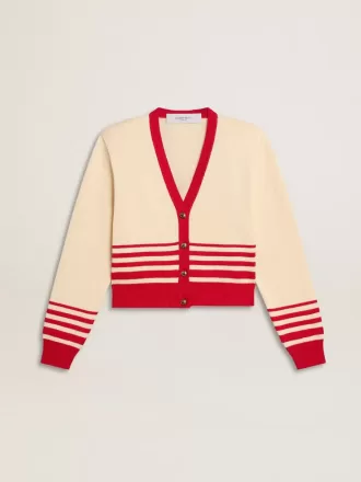 Cardigan da donna color crema con strisce rosse