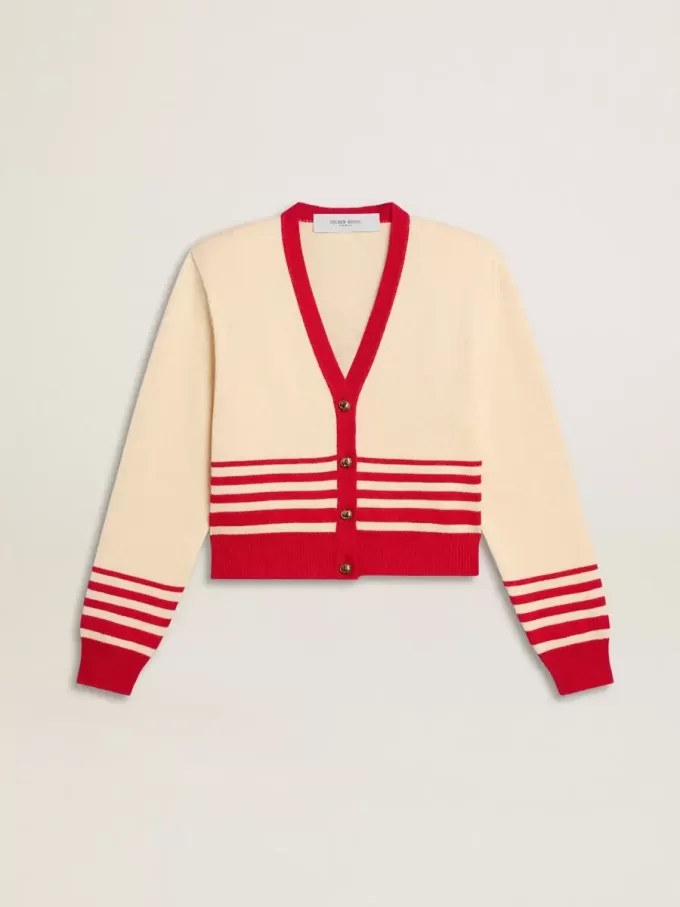 Cardigan da donna color crema con strisce rosse Cardigan da donna color crema con strisce rosse