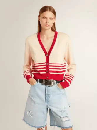 Cardigan da donna color crema con strisce rosse
