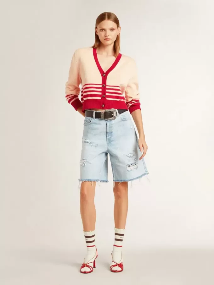 Cardigan da donna color crema con strisce rosse Cardigan da donna color crema con strisce rosse