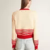 Cardigan da donna color crema con strisce rosse Cardigan da donna color crema con strisce rosse