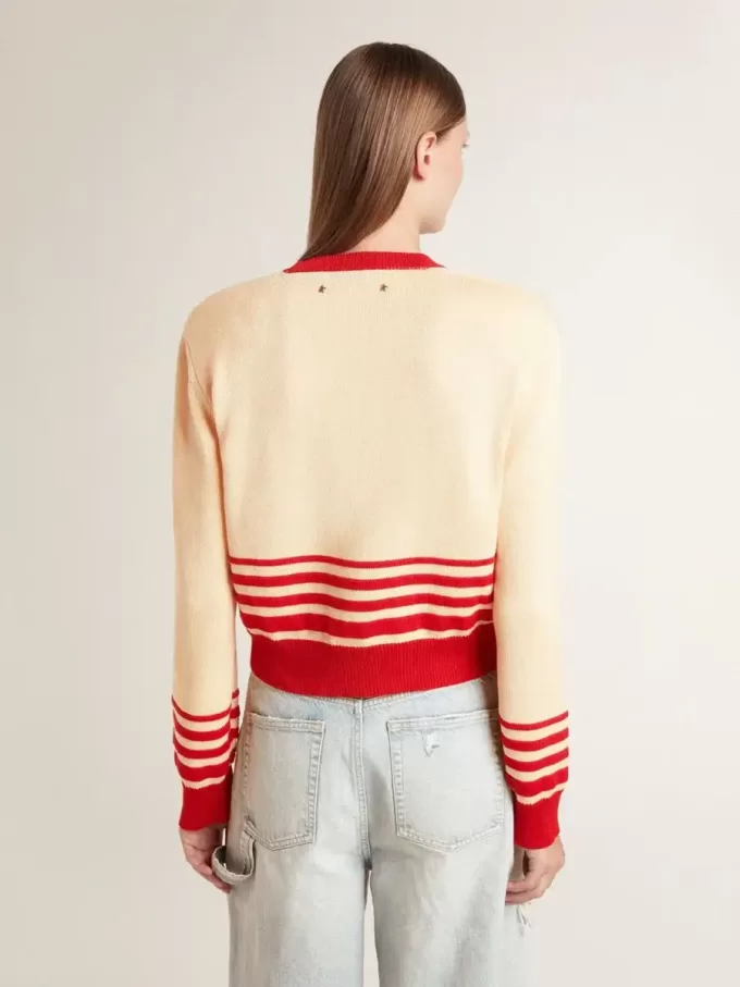 Cardigan da donna color crema con strisce rosse Cardigan da donna color crema con strisce rosse