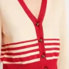 Cardigan da donna color crema con strisce rosse Cardigan da donna color crema con strisce rosse