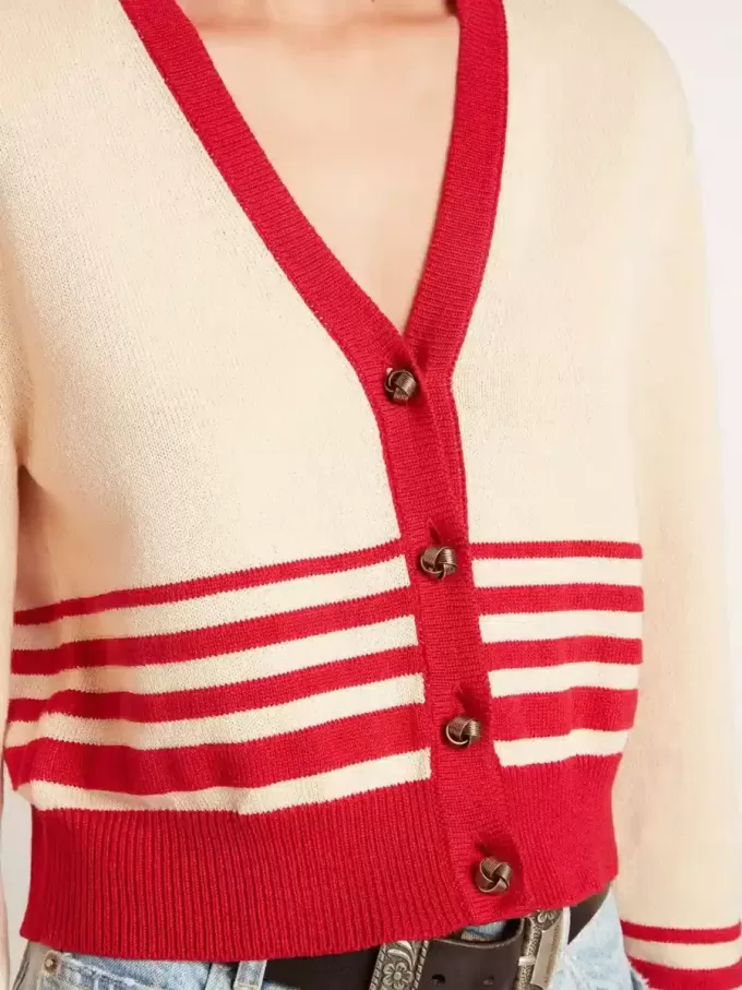 Cardigan da donna color crema con strisce rosse Cardigan da donna color crema con strisce rosse