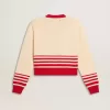 Cardigan da donna color crema con strisce rosse Cardigan da donna color crema con strisce rosse