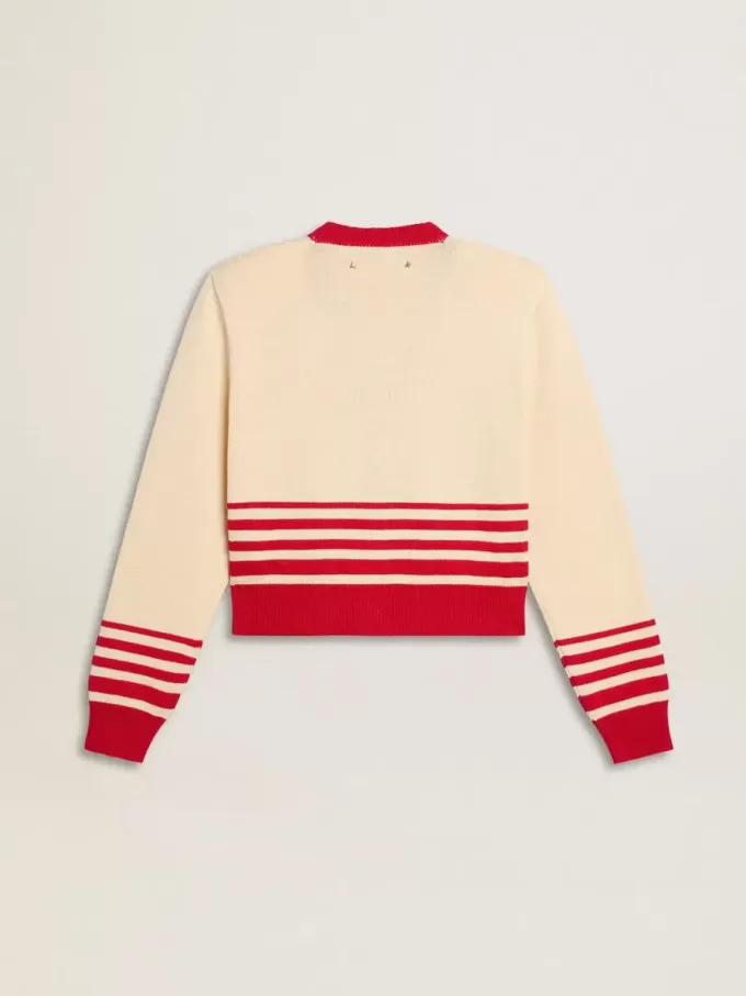 Cardigan da donna color crema con strisce rosse Cardigan da donna color crema con strisce rosse