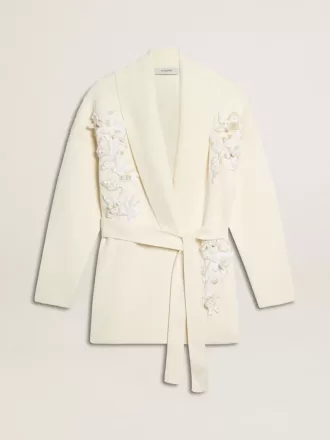 Cardigan da donna in cotone color crema con ricami floreali