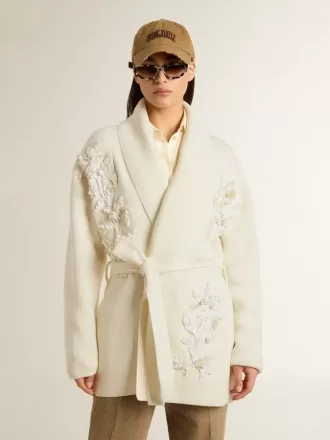 Cardigan da donna in cotone color crema con ricami floreali
