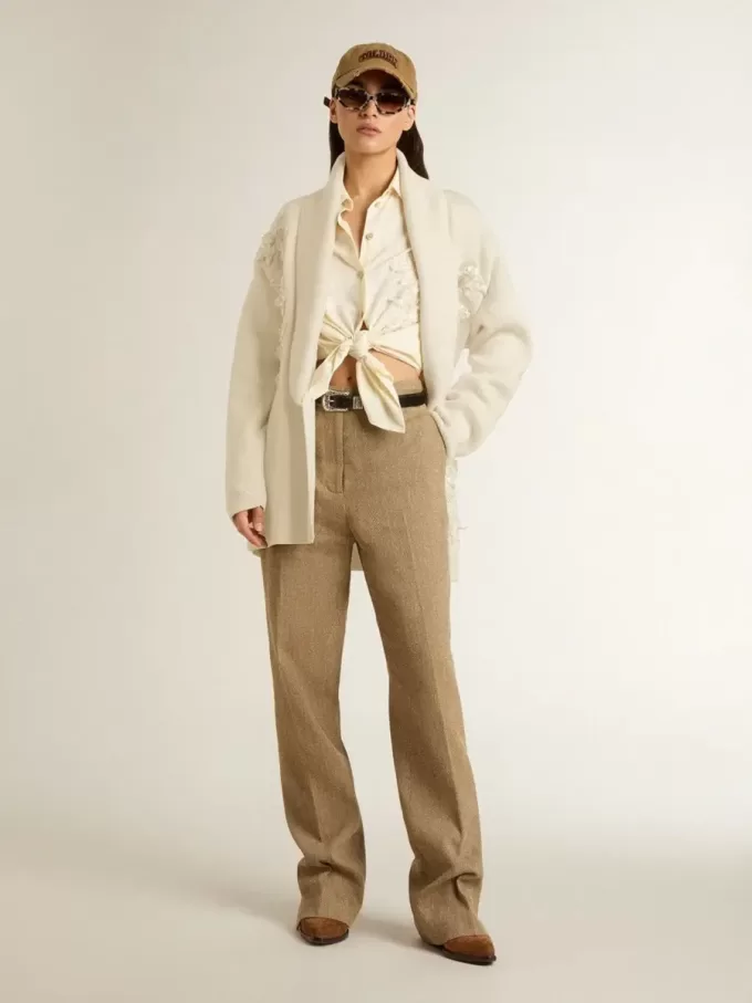 Cardigan da donna in cotone color crema con ricami floreali Cardigan da donna in cotone color crema con ricami floreali