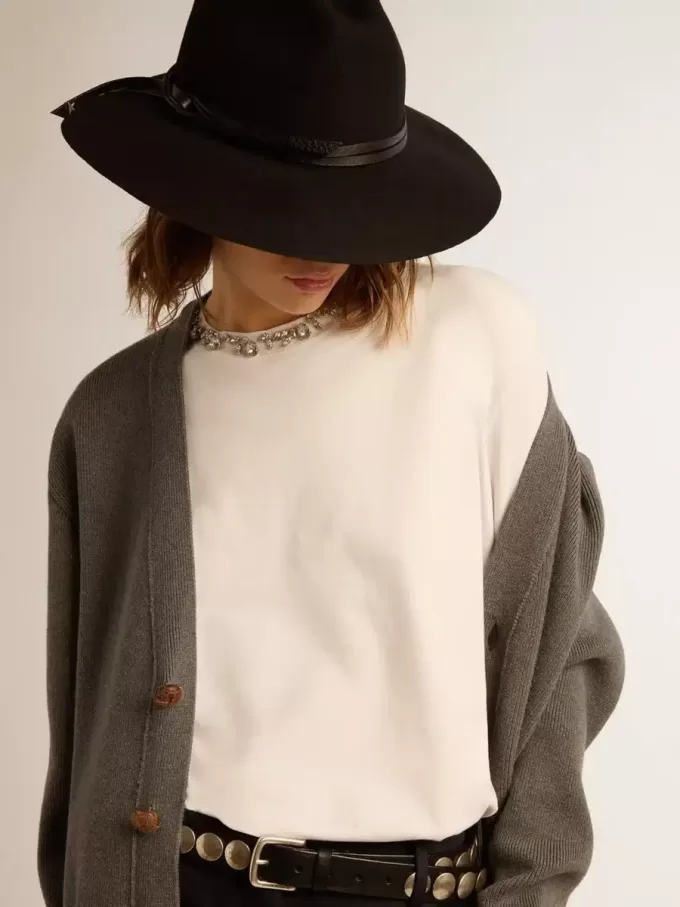 Cardigan da donna in cotone grigio mélange con logo sul retro Cardigan da donna in cotone grigio mélange con logo sul retro