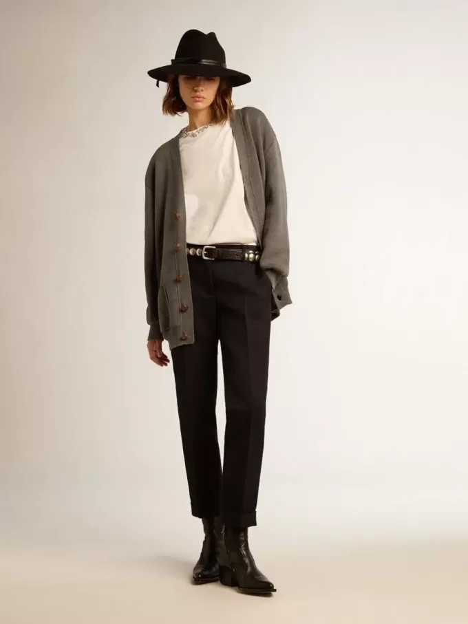 Cardigan da donna in cotone grigio mélange con logo sul retro Cardigan da donna in cotone grigio mélange con logo sul retro
