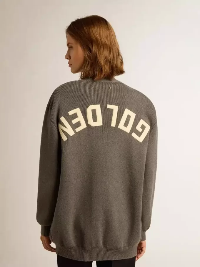 Cardigan da donna in cotone grigio mélange con logo sul retro Cardigan da donna in cotone grigio mélange con logo sul retro