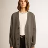Cardigan da donna in cotone grigio mélange con logo sul retro Cardigan da donna in cotone grigio mélange con logo sul retro