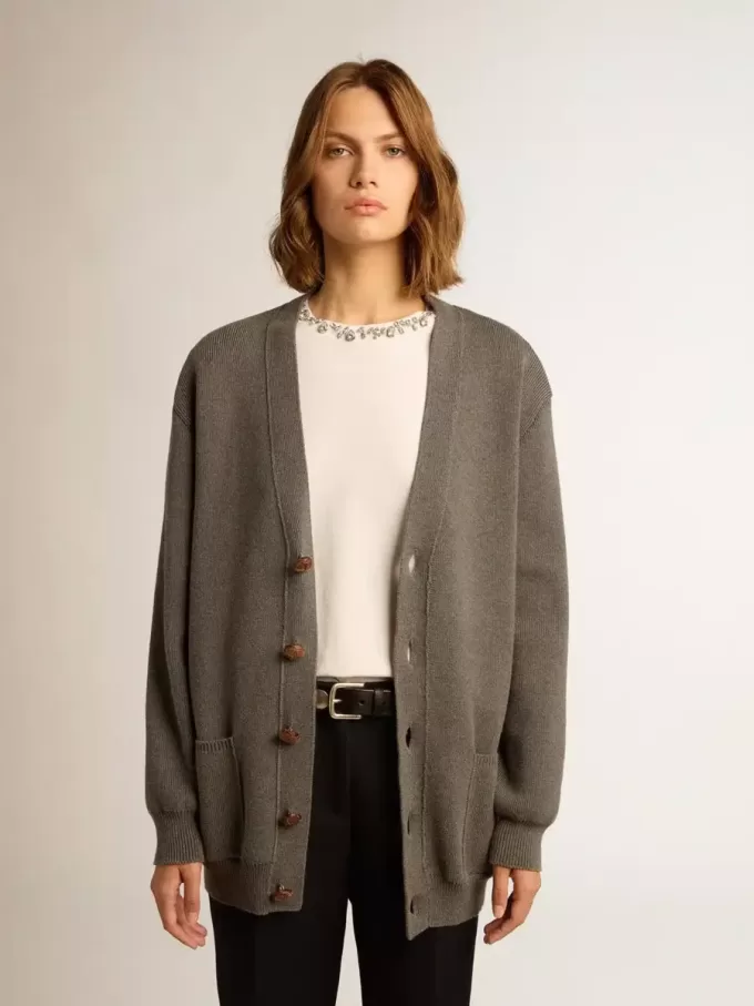 Cardigan da donna in cotone grigio mélange con logo sul retro Cardigan da donna in cotone grigio mélange con logo sul retro